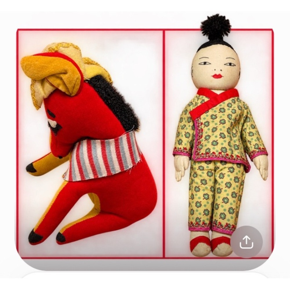 Vintage Asian Cloth Doll and Red Donkey Plush Folk Art